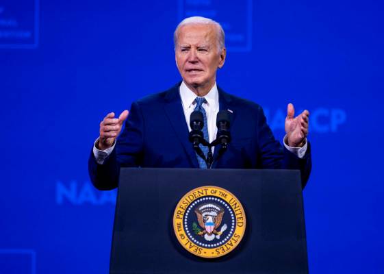 President Joe Biden speaks during the 115th NAACP National Convention at the Mandalay Bay on Tu ...