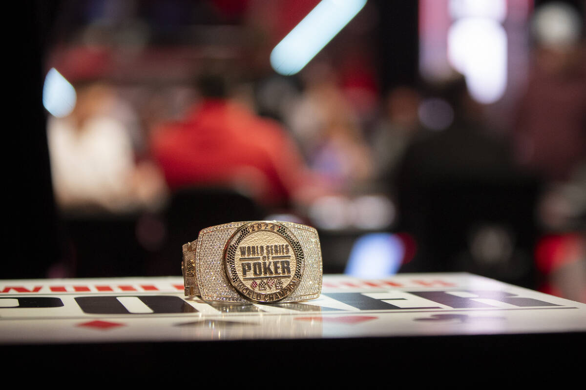 The World Series of Poker bracelet sits on a pedestal during the Main Event at Horseshoe, Tuesd ...