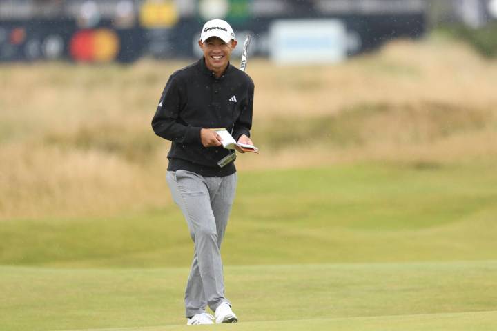 Collin Morikawa of the United States reacts on the 14th green during a practice round ahead of ...