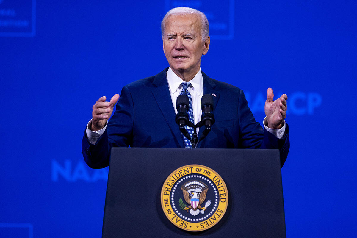 President Joe Biden speaks during the 115th NAACP National Convention at the Mandalay Bay on Tu ...