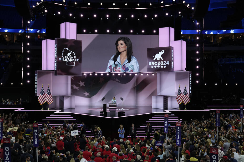 Former Ambassador Nikki Haley speaking on the second day of the Republican National Convention ...