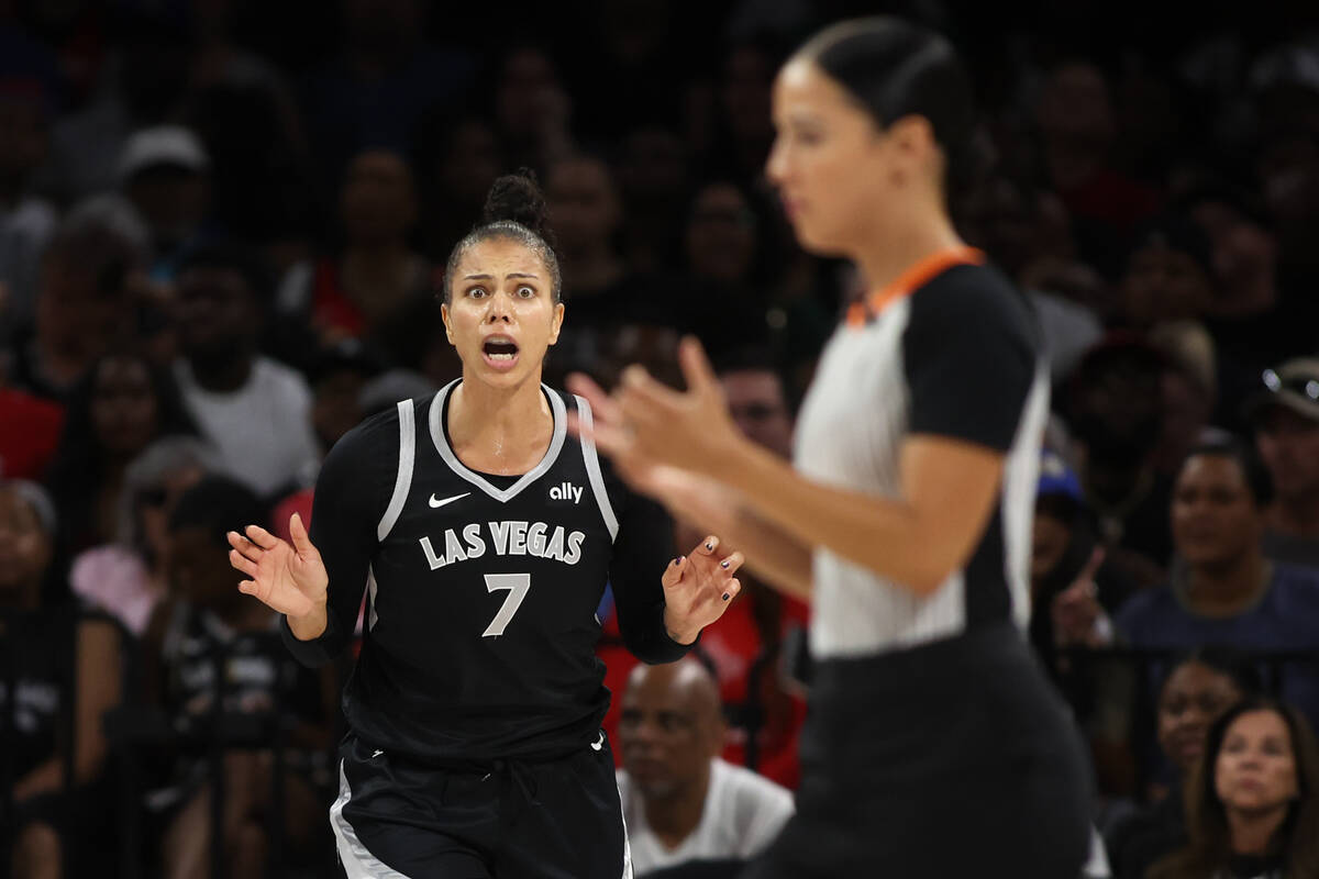 Las Vegas Aces forward Alysha Clark (7) reacts to a referee’s call during the first half ...