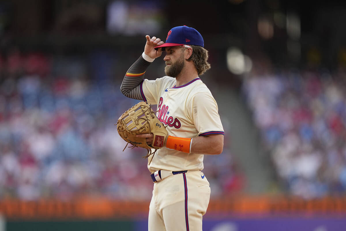 Philadelphia Phillies' Bryce Harper plays during of a baseball game, Saturday, July 13, 2024, i ...