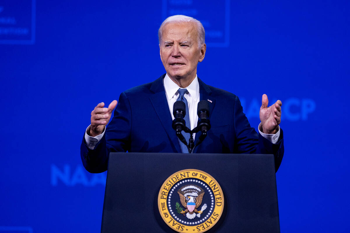 President Joe Biden speaks during the 115th NAACP National Convention at the Mandalay Bay on Tu ...