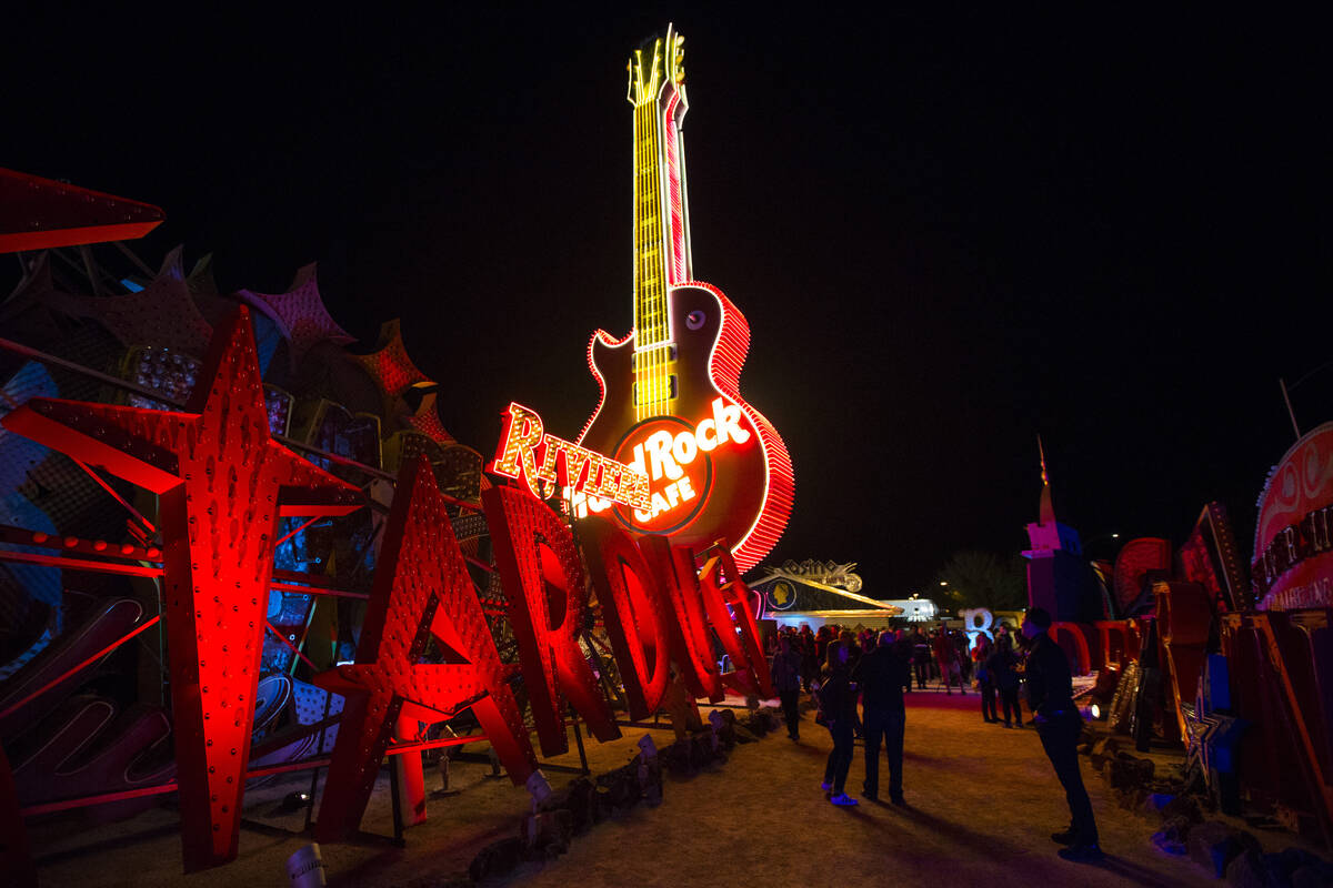 The Hard Rock Cafe guitar sign is illuminated at the Neon Museum in Las Vegas on Monday, March ...