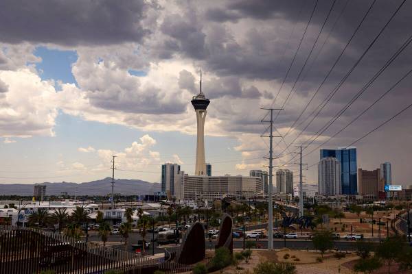 The Strat is pictured as clouds cover the sky on Thursday, July 18, 2024, in Las Vegas. (Chase ...