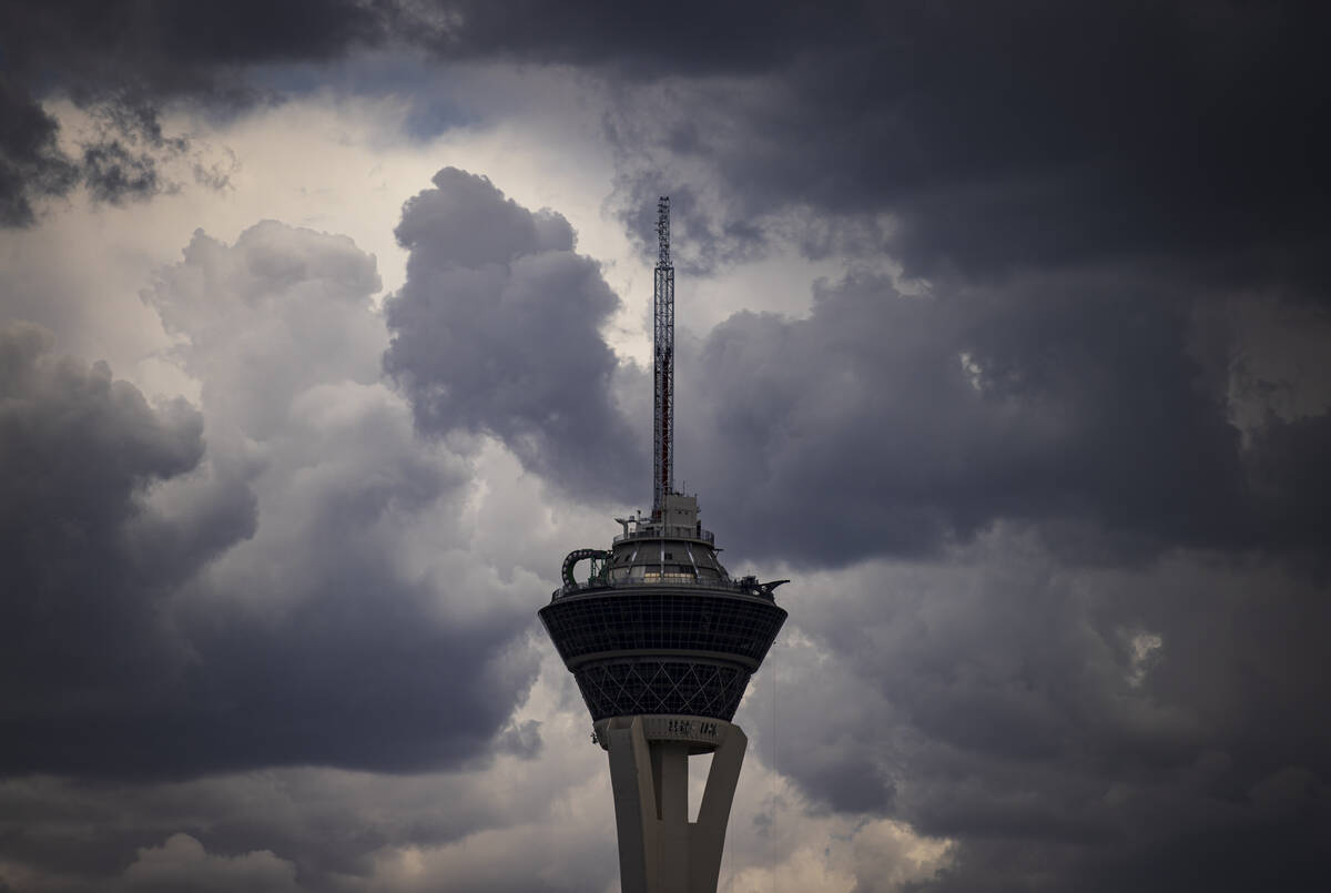 The Strat is pictured as clouds cover the sky on Thursday, July 18, 2024, in Las Vegas. (Chase ...