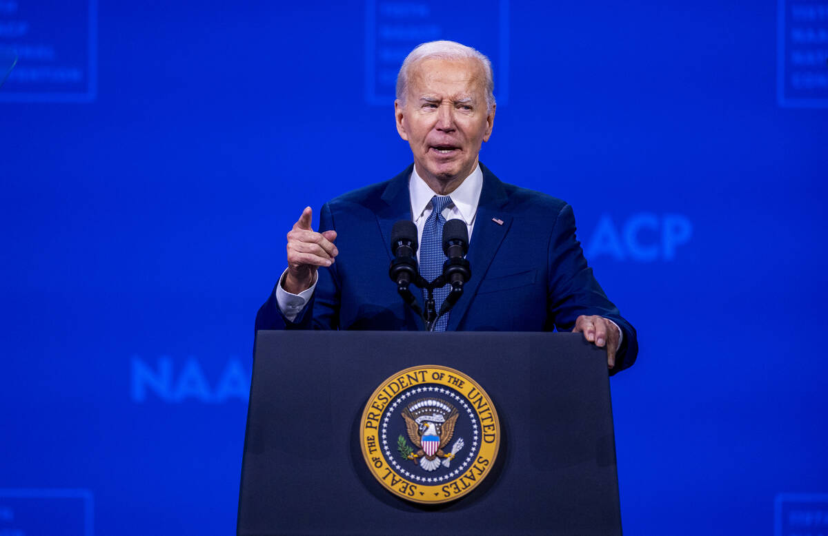 President Joe Biden speaks during the 115th NAACP National Convention at the Mandalay Bay on Tu ...