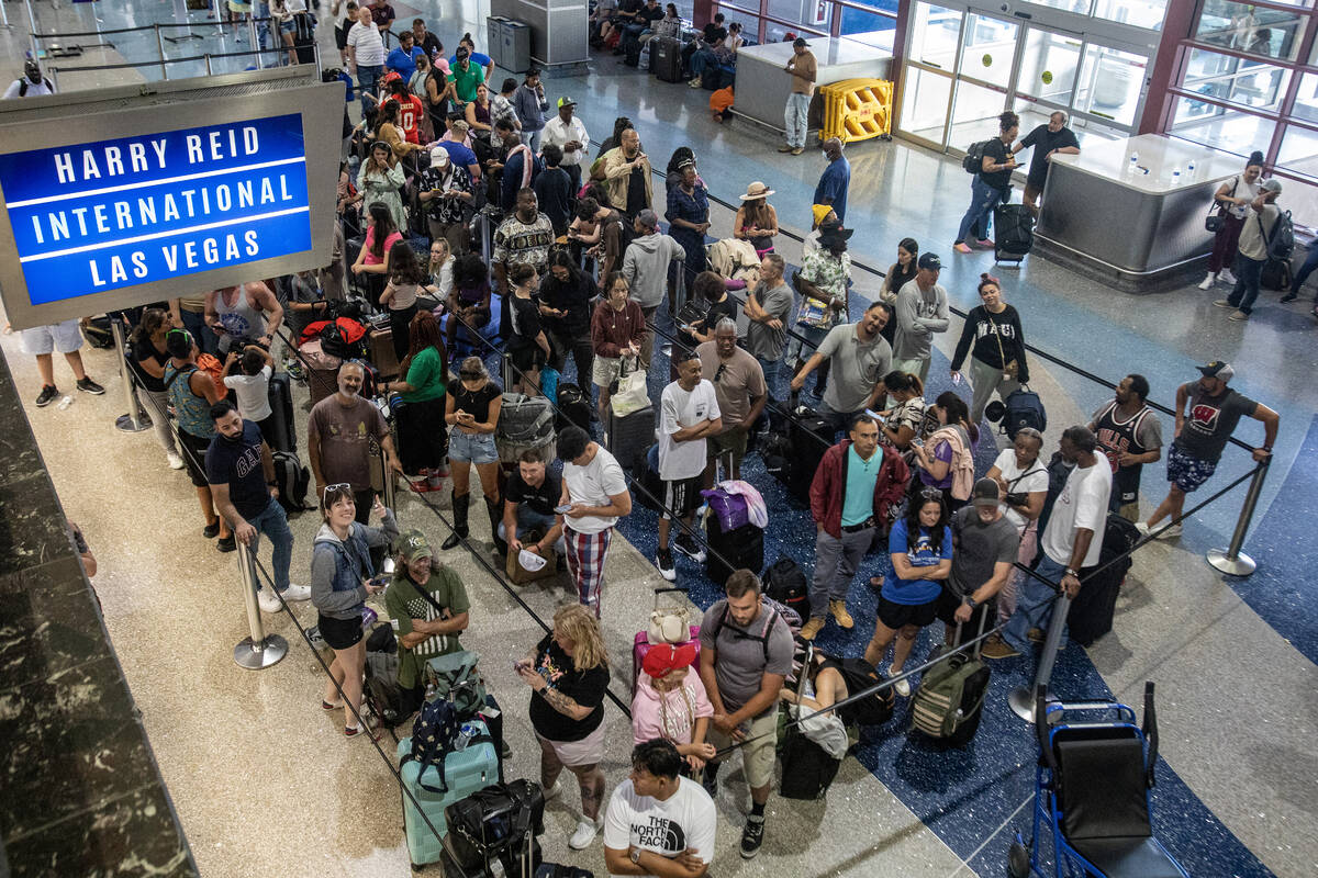 Passengers wait in line for the Spirit Airlines ticket desk at Harry Reid International Airport ...