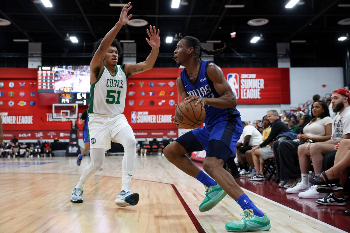 Dallas Mavericks forward Melvin Ajinca (17) looks for a shot while Boston Celtics guard Ron Har ...