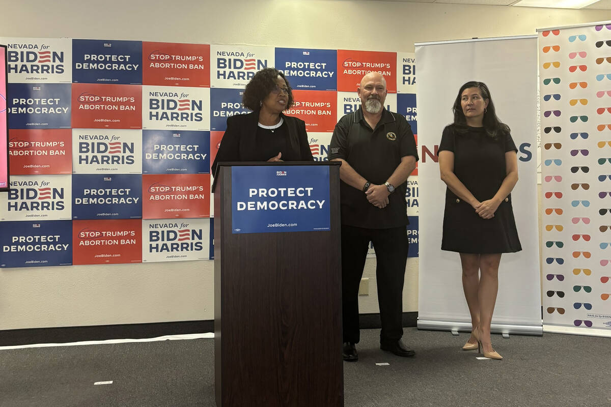 Nevada State Democratic Party Chair Daniele Monroe-Moreno speaks at a press conference on July ...