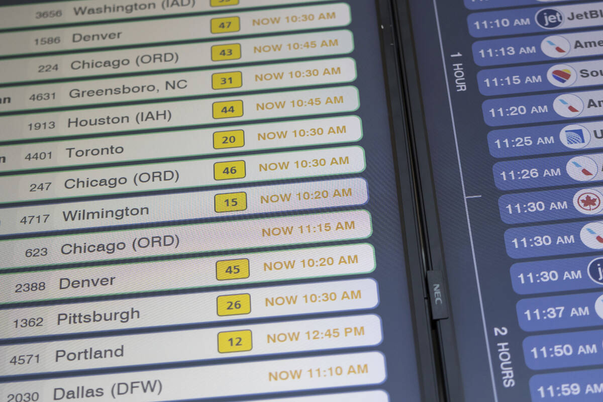 Delayed flight schedules are displayed on a screen at LaGuardia Airport in New York on Friday, ...