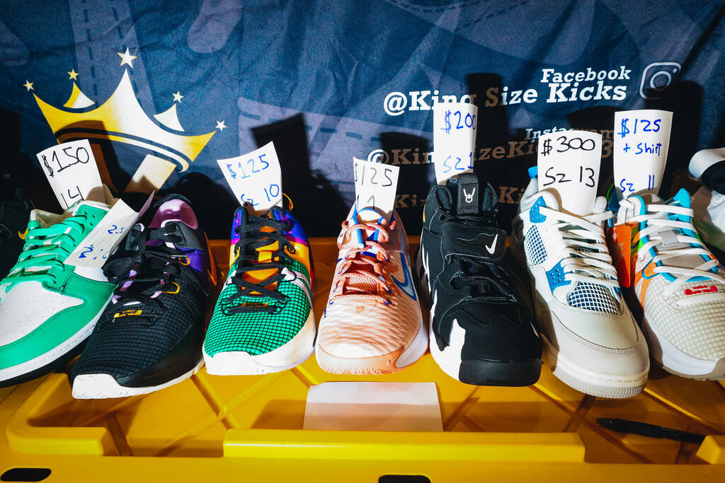 Shoes for sale are displayed during Sneaker Con at the Mandalay Bay Convention Center on Saturd ...