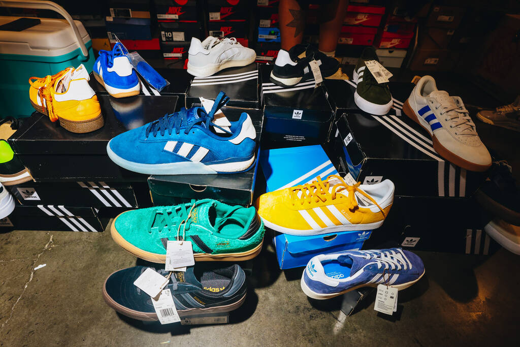 Adidas sneakers are put out for sale during Sneaker Con at the Mandalay Bay Convention Center o ...