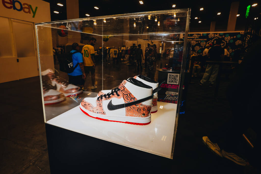 Nike shoes are displayed in a box during Sneaker Con at the Mandalay Bay Convention Center on S ...