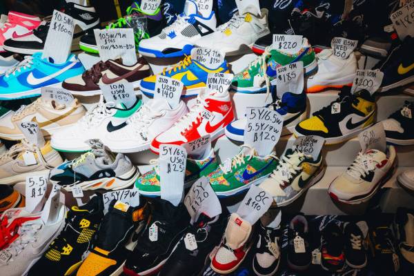 Sneakers for sale are displayed during Sneaker Con at the Mandalay Bay Convention Center on Sat ...