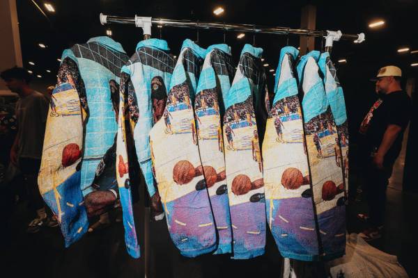 Jackets are hung on a rack during Sneaker Con at the Mandalay Bay Convention Center on Saturday ...