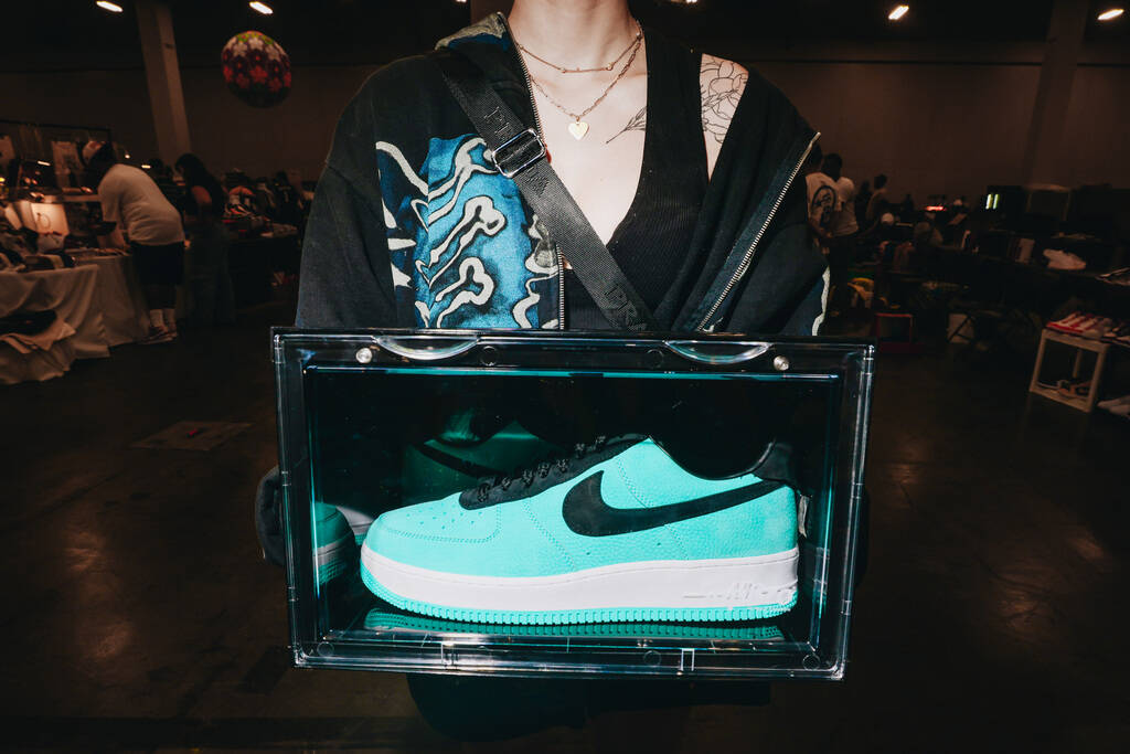 The Nike Air Force 1 Low made in collaboration with Tiffany & Co. are seen during Sneaker C ...