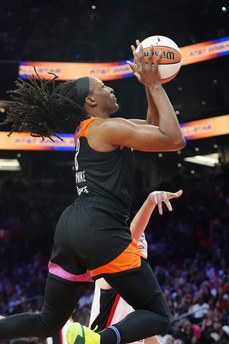 Nneka Ogwumike, of Team WNBA, goes up to score against Team USA during the second half of a WNB ...