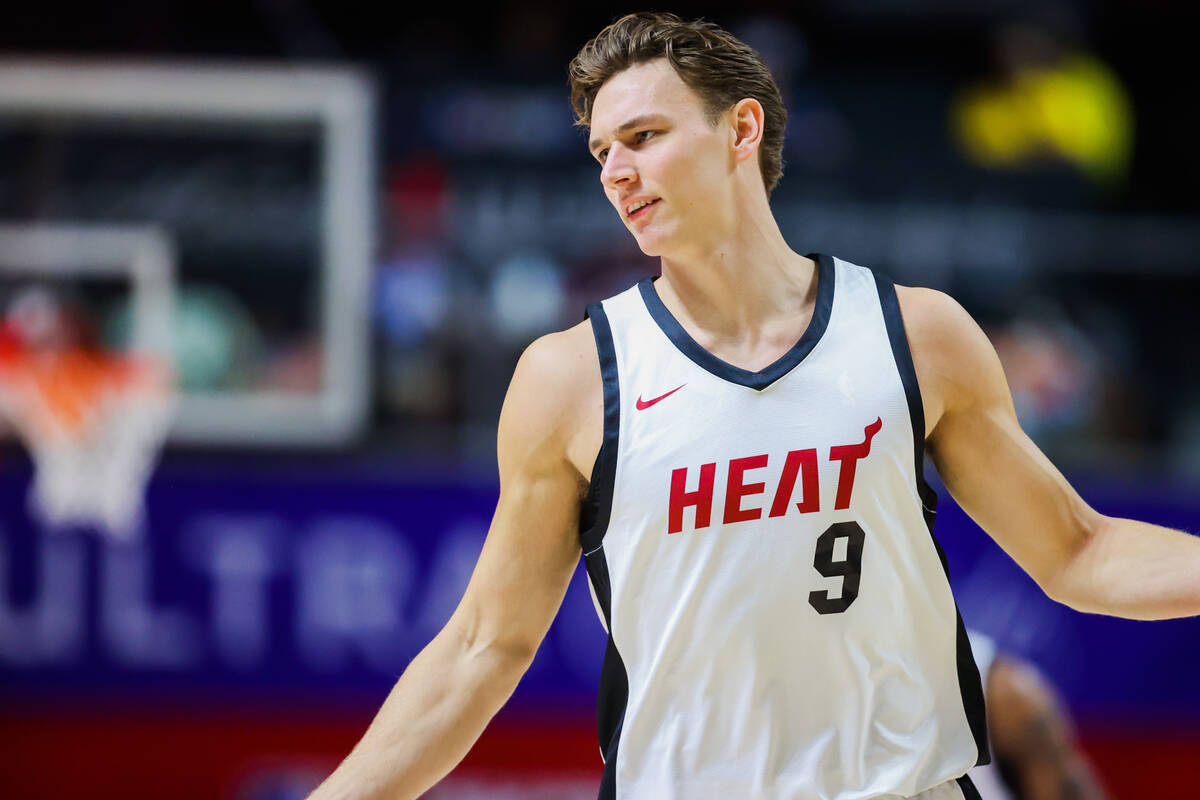 Miami Heat guard Pelle Larsson (9) runs down the court during an NBA Summer League basketball g ...