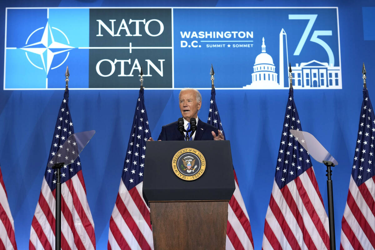 FILE - President Joe Biden speaks at a news conference following the NATO Summit in Washington, ...