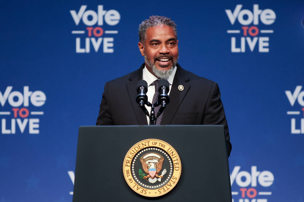 Rep. Steven Horsford, D-Nev., introduces President Joe Biden before he speaks during a campaign ...