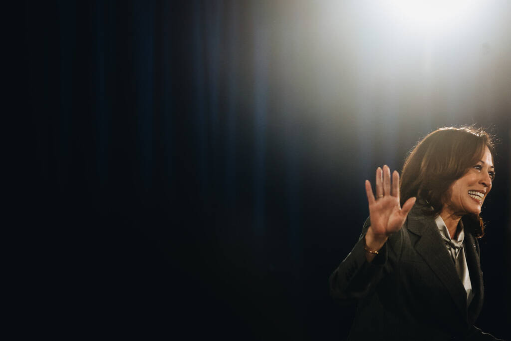 Vice President Kamala Harris speaks to a crowd during a campaign event at IBEW Local 357 on Sat ...