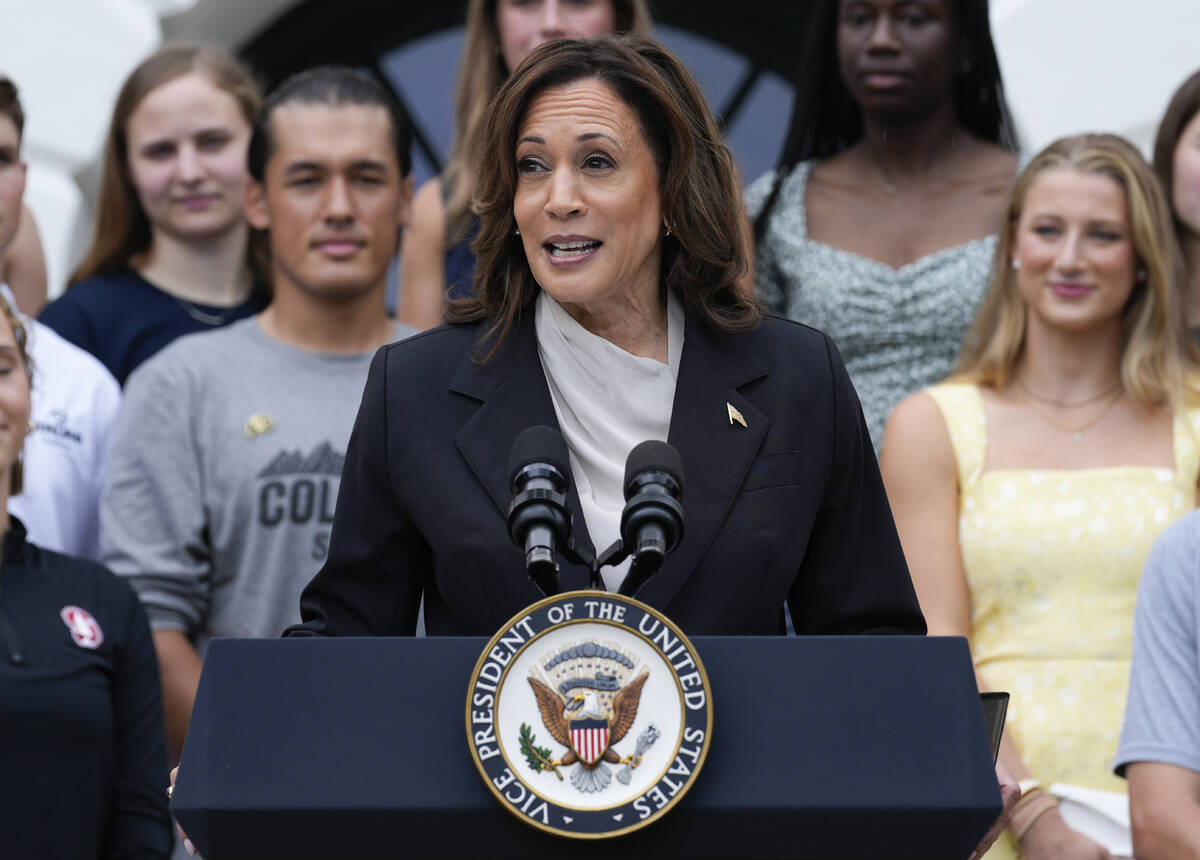 Vice President Kamala Harris speaks from the South Lawn of the White House in Washington, Monda ...