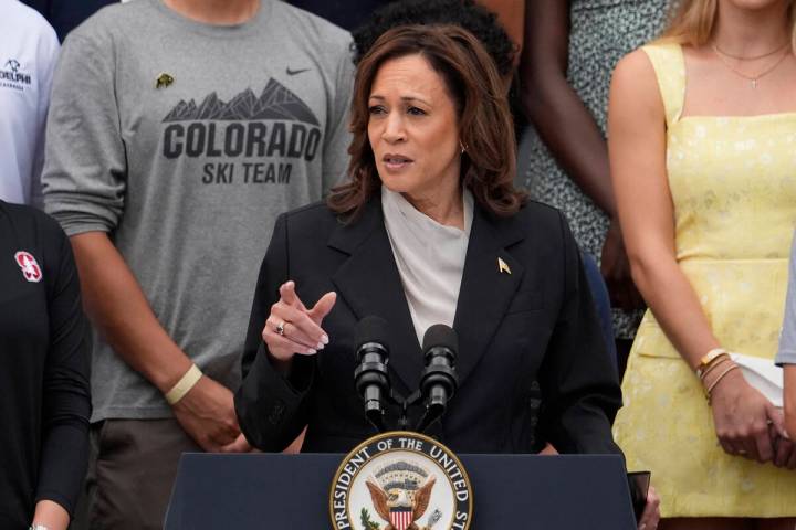 Vice President Kamala Harris speaks from the South Lawn of the White House in Washington, Monda ...