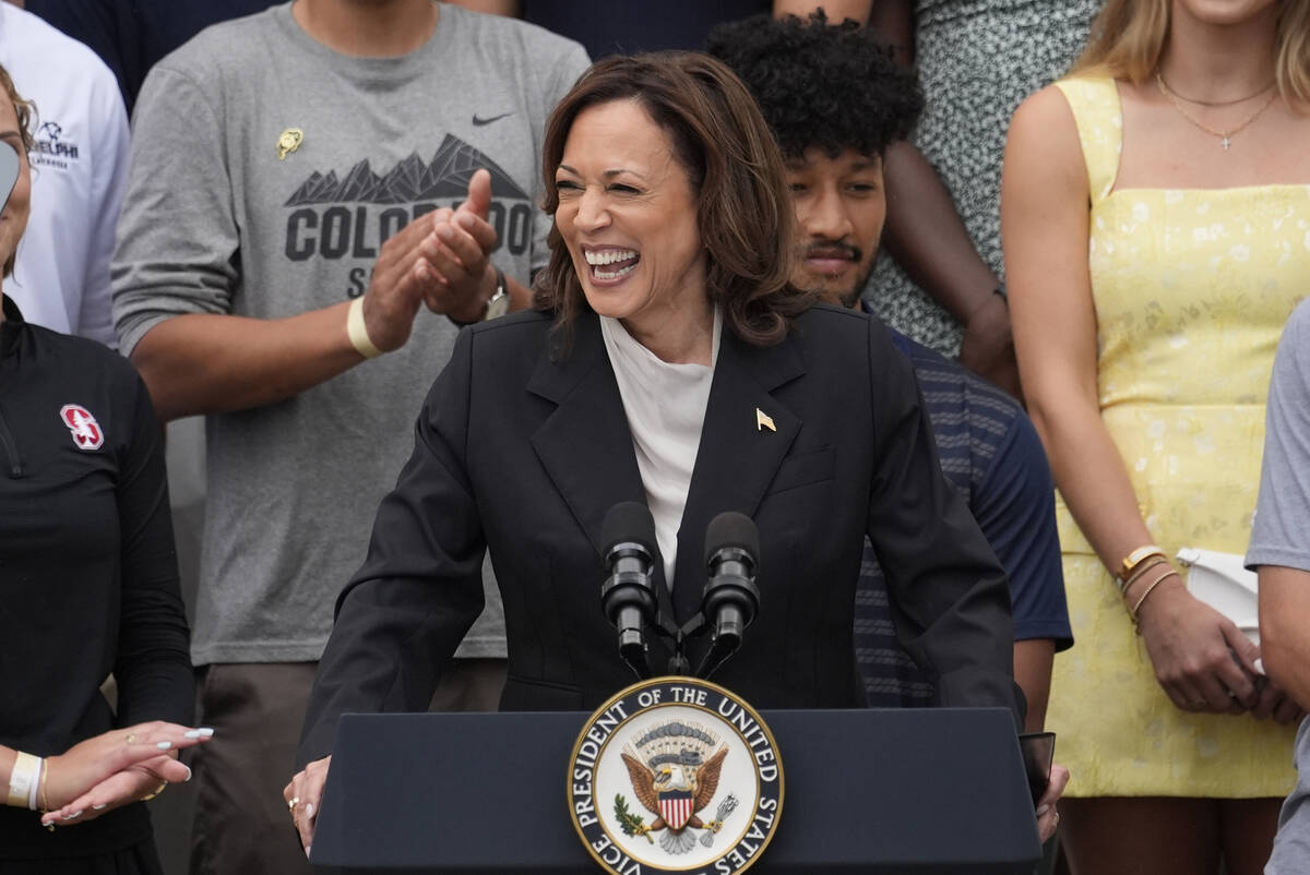 Vice President Kamala Harris speaks from the South Lawn of the White House in Washington, Monda ...