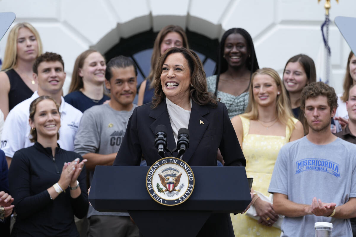 Vice President Kamala Harris speaks from the South Lawn of the White House in Washington, Monda ...