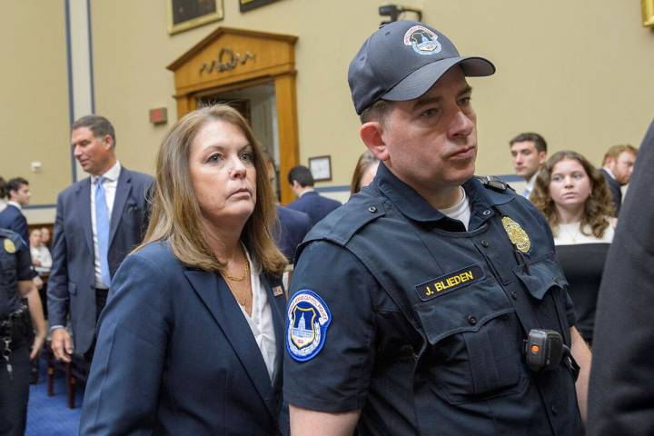 Kimberly Cheatle, Director, U.S. Secret Service, departs after testifying during a House Commit ...