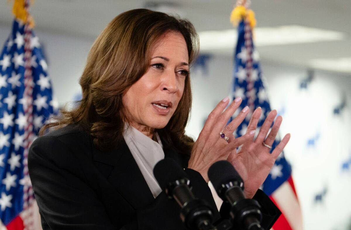 Vice President Kamala Harris speaks at her campaign headquarters in Wilmington, Del., Monday, J ...