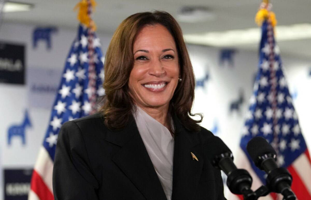 Vice President Kamala Harris speaks at her campaign headquarters in Wilmington, Del., Monday, J ...