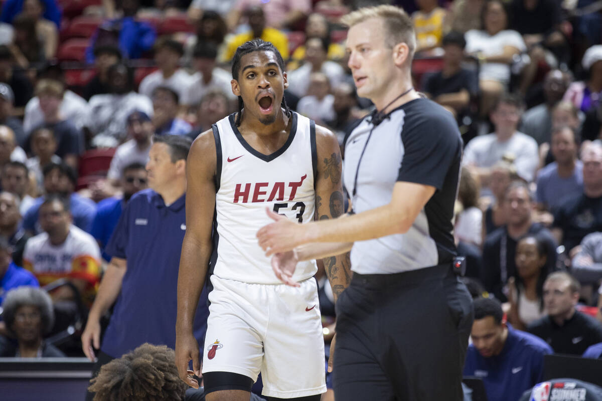 Miami Heat guard Josh Christopher (53) is stunned after a foul call during the NBA Summer Leagu ...