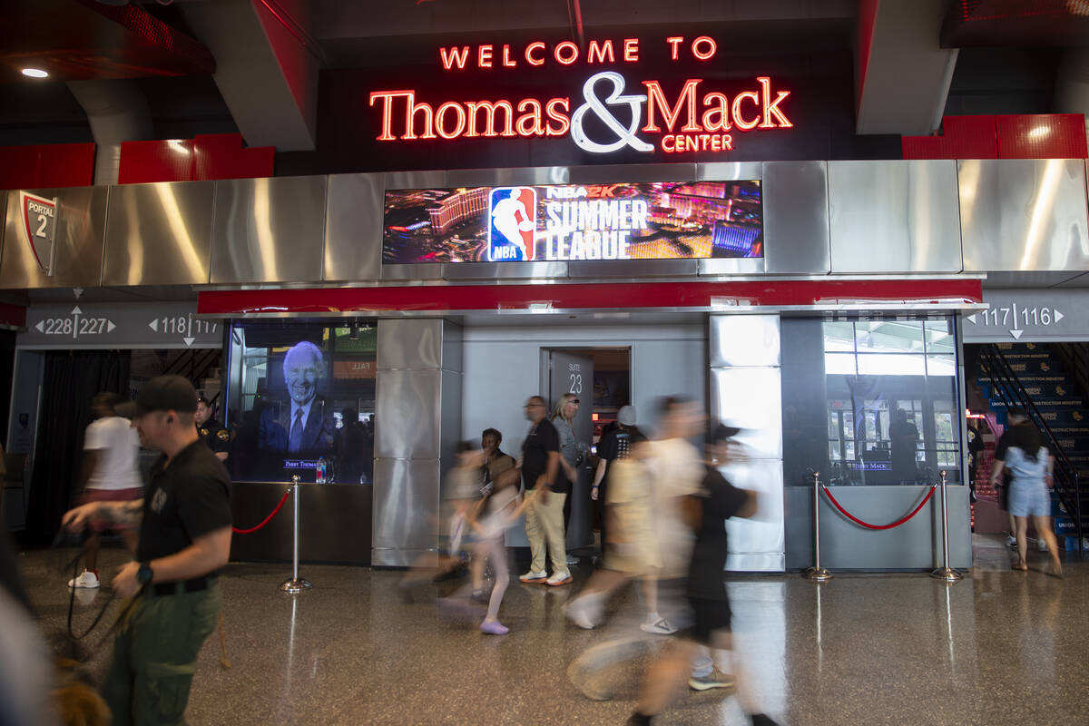 Fans walk around the concourse before the NBA Summer League Championship basketball game betwee ...