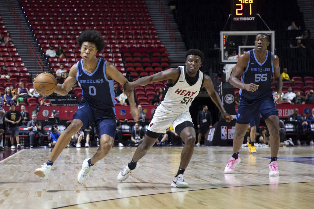 Memphis Grizzlies forward Jaylen Wells (0) attempts to run around Miami Heat guard Isaiah Steve ...