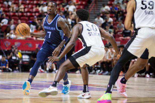 Memphis Grizzlies guard Isaiah Miller (7) attempts to make a play against Miami Heat guard Isai ...