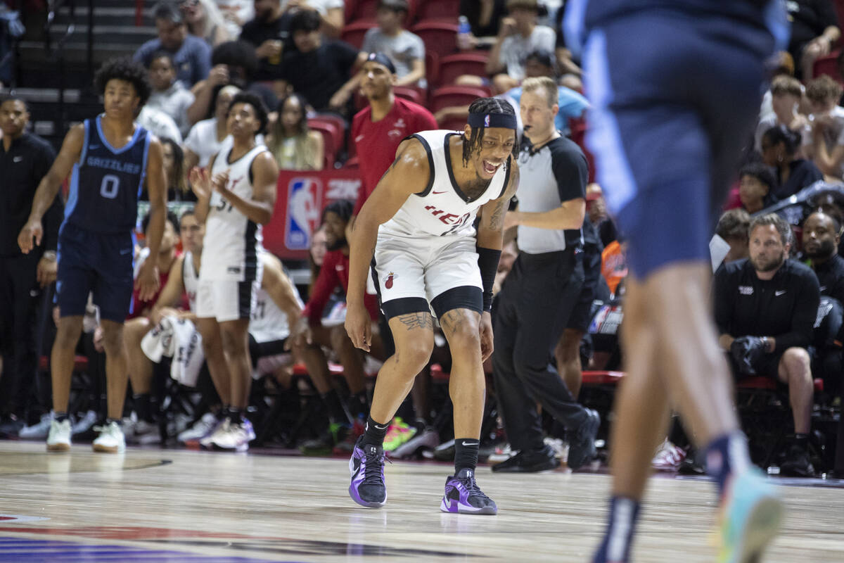 Miami Heat guard Alondes Williams (15) celebrates during the NBA Summer League Championship bas ...