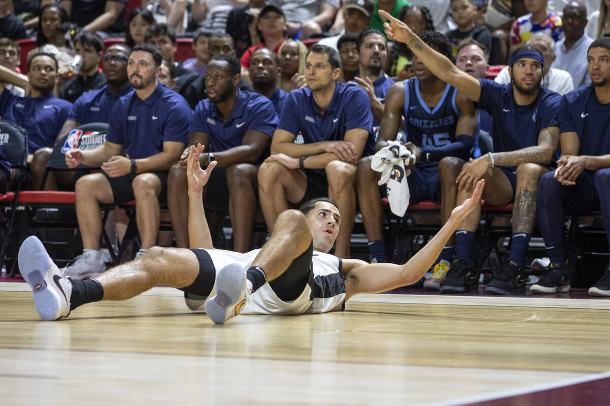 Miami Heat forward Cole Swider looks for a foul call during the NBA Summer League Championship ...