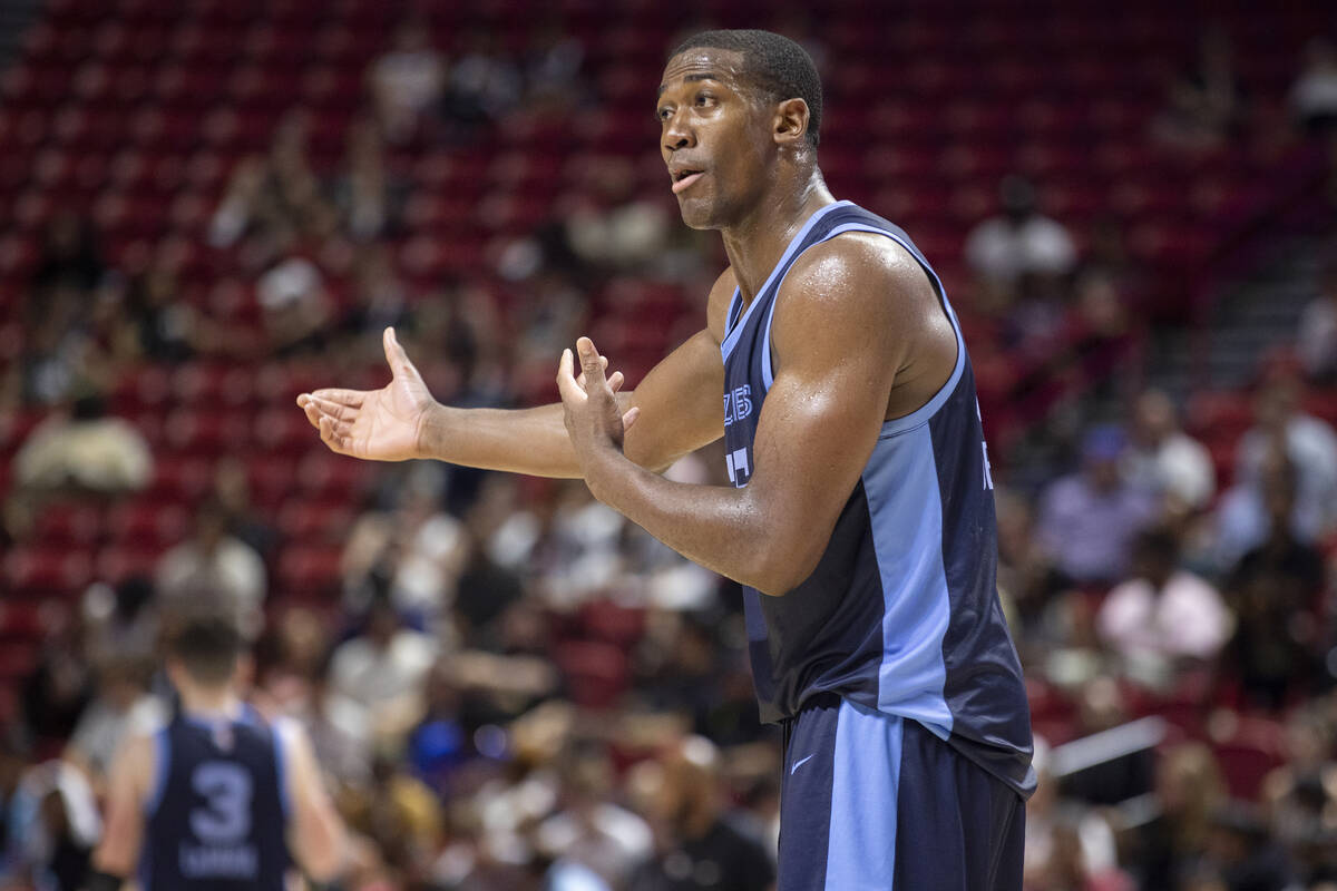 Memphis Grizzlies center Trey Jemison (55) pleads his case after a foul was called during the N ...