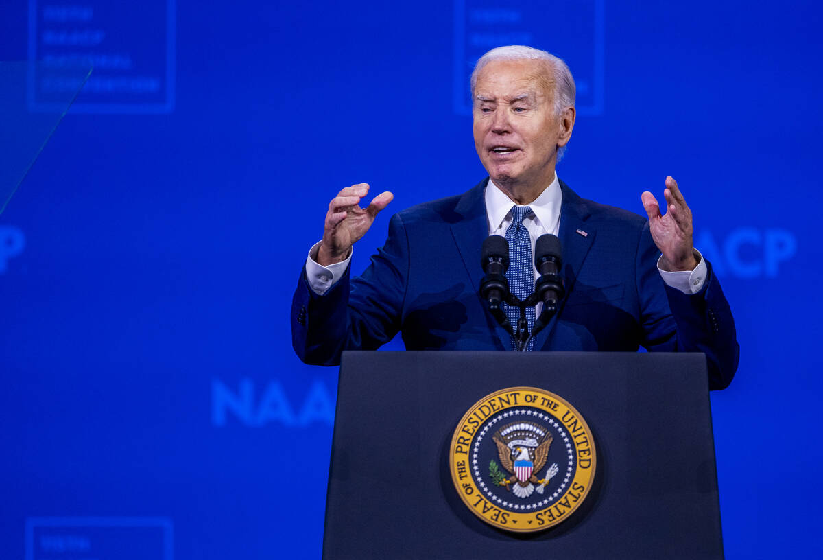 President Joe Biden speaks during the 115th NAACP National Convention at the Mandalay Bay on Tu ...