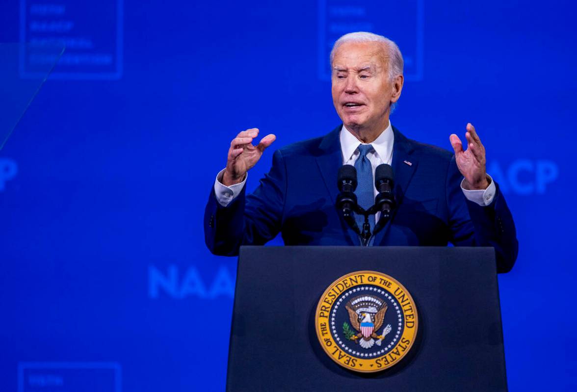 President Joe Biden speaks during the 115th NAACP National Convention at the Mandalay Bay on Tu ...