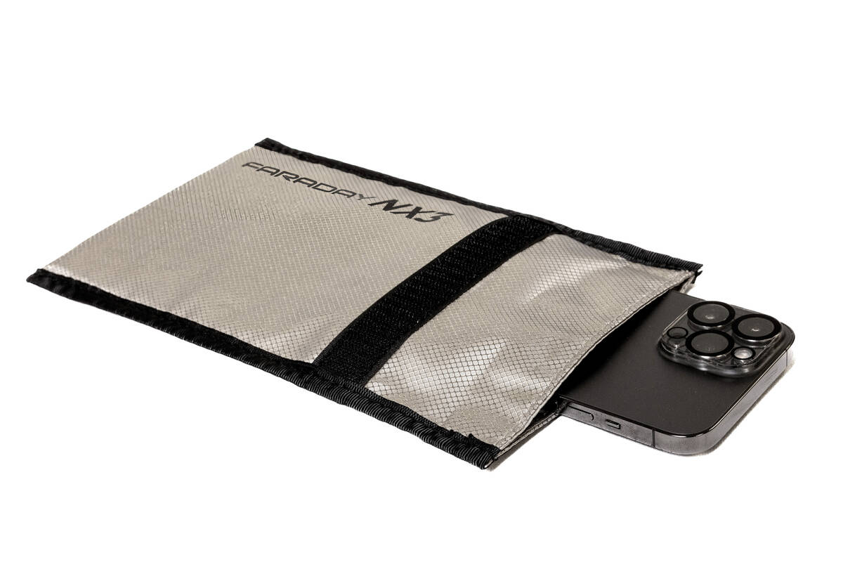 This is a handout photo of a non-locking, signal-blocking pouch similar to the ones that Clark ...