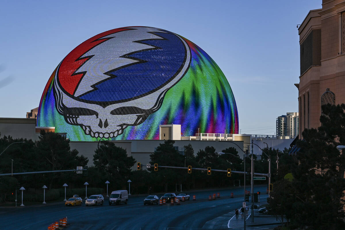 A graphic advertising the upcoming shows of Dead & Company is seen on the Sphere in Las Veg ...