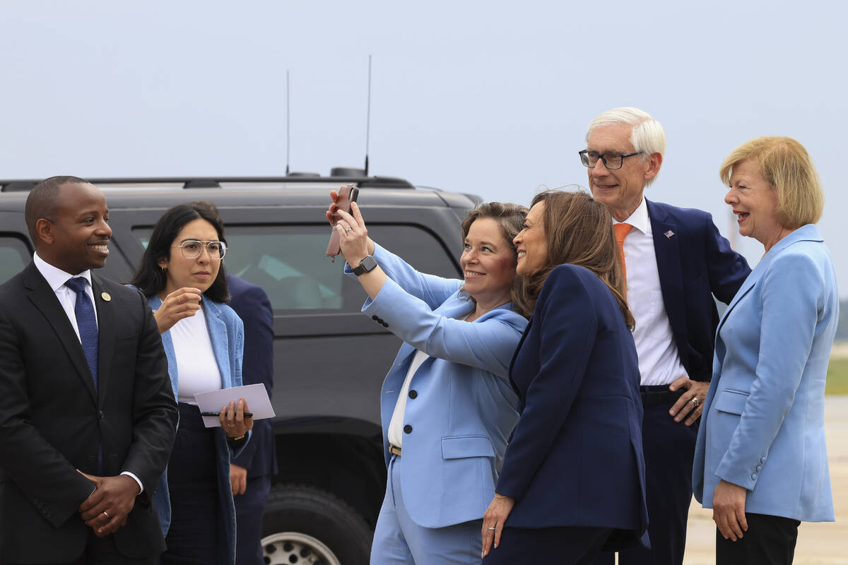 Vice President Kamala Harris poses for a selfie with Wisconsin Lt. Gov. Sara Rodriguez and Sen. ...