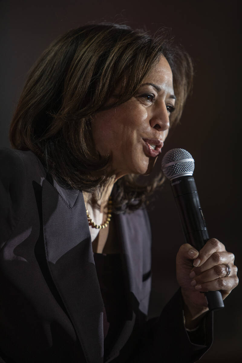 Kamala Harris speaks to the crowd at town hall hosted by union UNITE HERE on Friday, Nov. 8, 20 ...