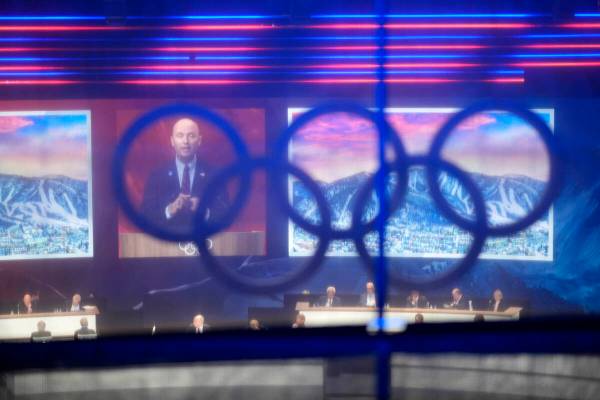 Utah Gov. Spencer Cox speaks about Salt Lake City's bid to host the 2034 Winter Olympics, durin ...