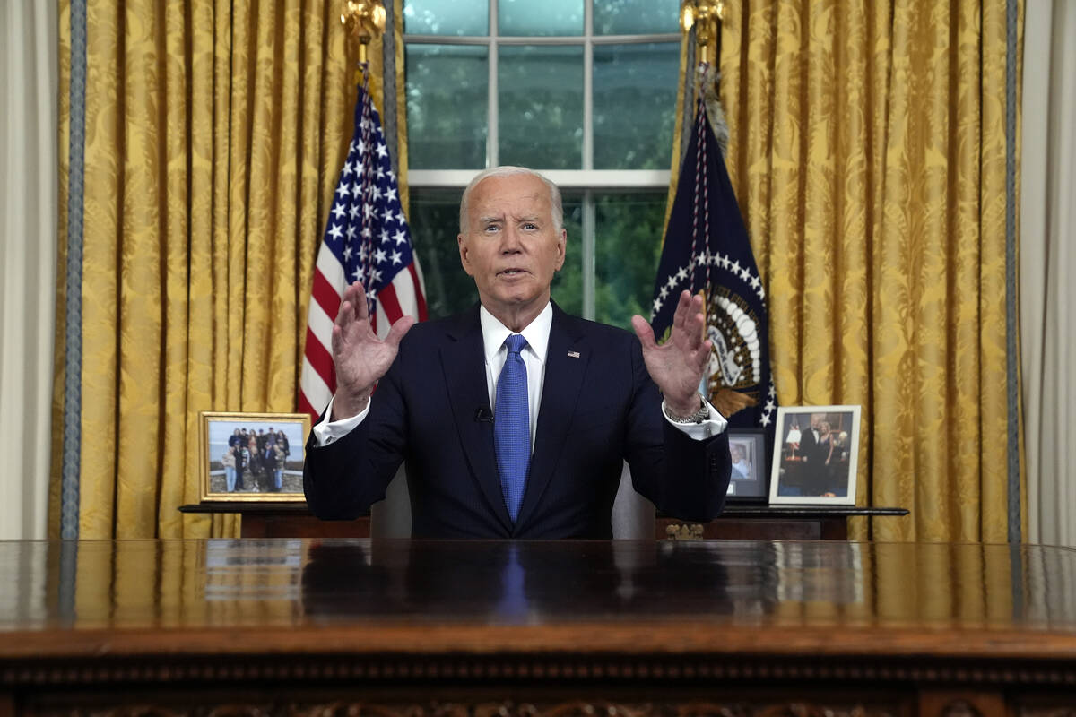 President Joe Biden addresses the nation from the Oval Office of the White House in Washington, ...
