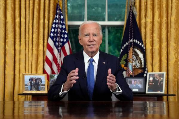 President Joe Biden addresses the nation from the Oval Office of the White House in Washington, ...